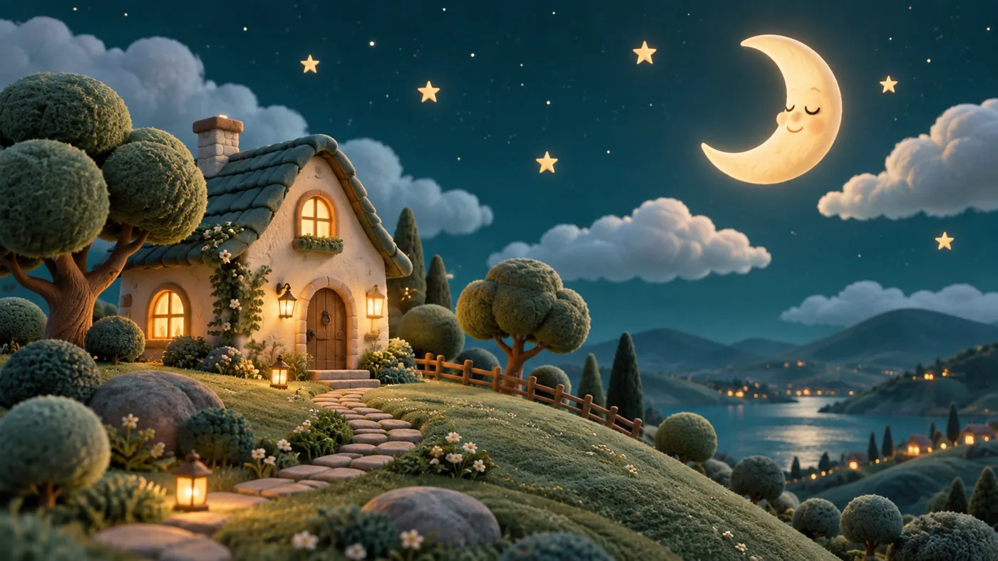 A cosy storybook cottage beneath a crescent moon and stars