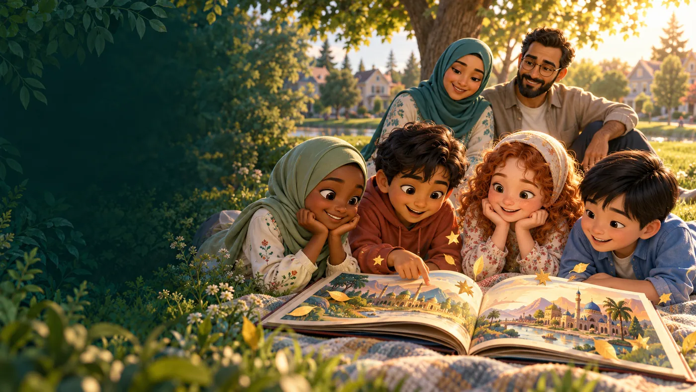 A Muslim family reading a picture book together in a sunny park
